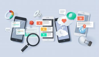 Social media icons coming out of four different mobile phones