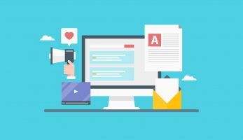 Cartoon imagery of a computer screen and web documents