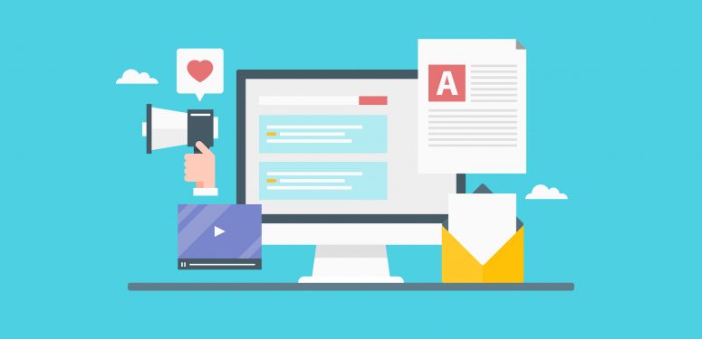 Cartoon imagery of a computer screen and web documents