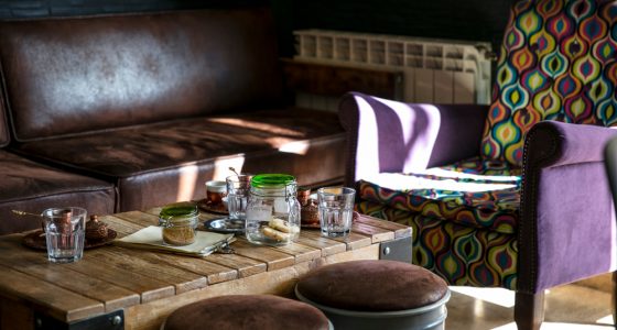 Coffee shop interior with coffee on the table