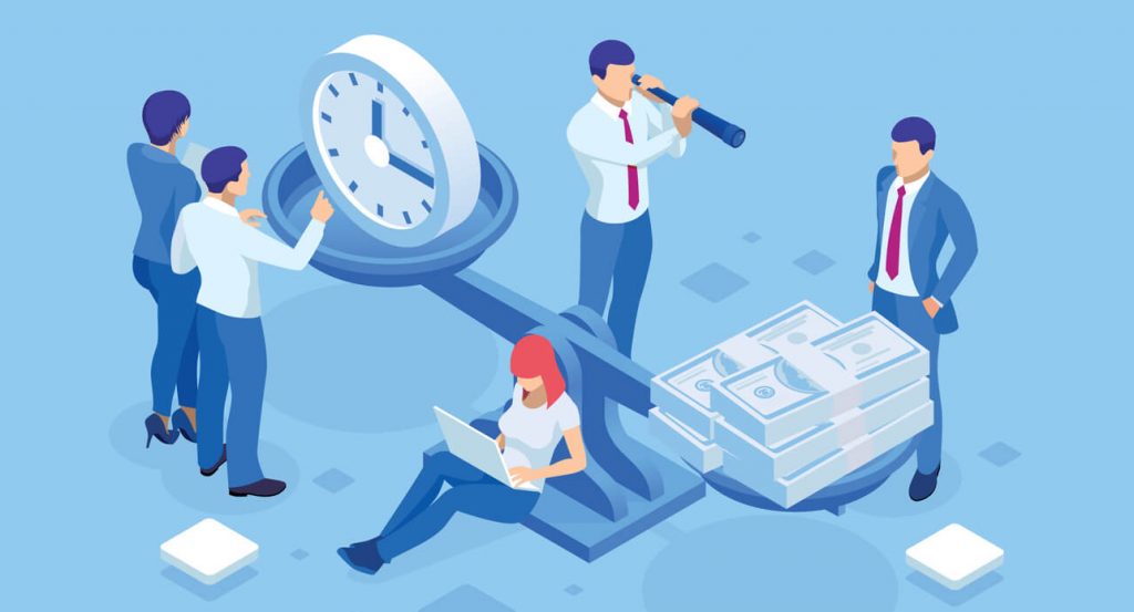 Cartoon imagery of businessmen balancing time and money