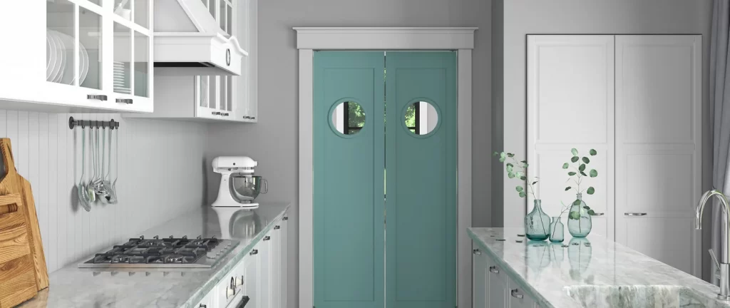 Swinging Cafe Doors in home leading to kitchen