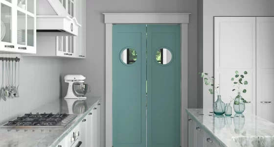 Swinging Cafe Doors in home leading to kitchen