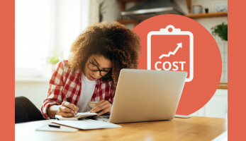 A decorative image of a young business owner working out SEO costs in the UK.