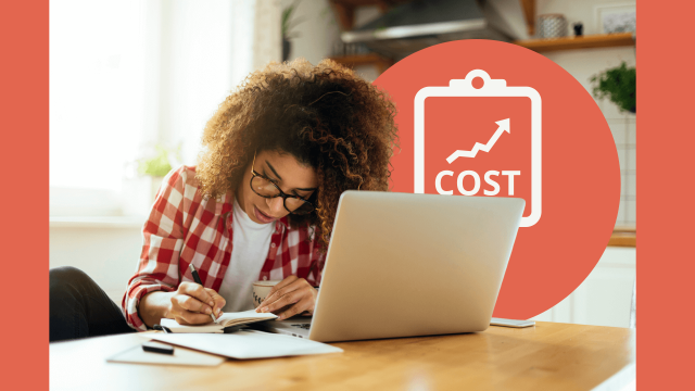 A decorative image of a young business owner working out SEO costs in the UK.