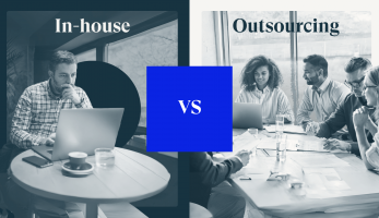 A picture showing a man on a laptop, contrasted with a team of people working on a project. Thought to represent an in-house SEO worker and a team of outsourced agency workers.